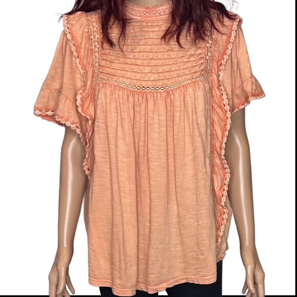 Free People Le Femme T-Shirt Pintuck Lace Ruffle Blouse Top Sz XL Tall - Picture 3 of 9